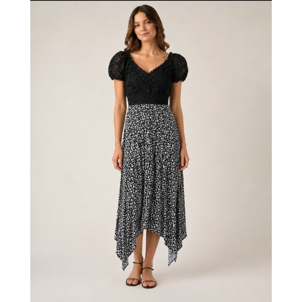 Derek Heart Black Crochet Lace Floral Handkerchief Hem Midi Dress Large